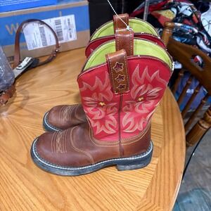 Ariat Brown Leather Cowboy Boots with Red Shaft and Lime Green Lining
